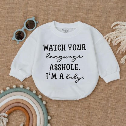 Watch Your Language Asshole I'm a Baby Romper Bodysuit Funny Saying Outfit for Newborns and Toddlers Hilarious Baby Clothes