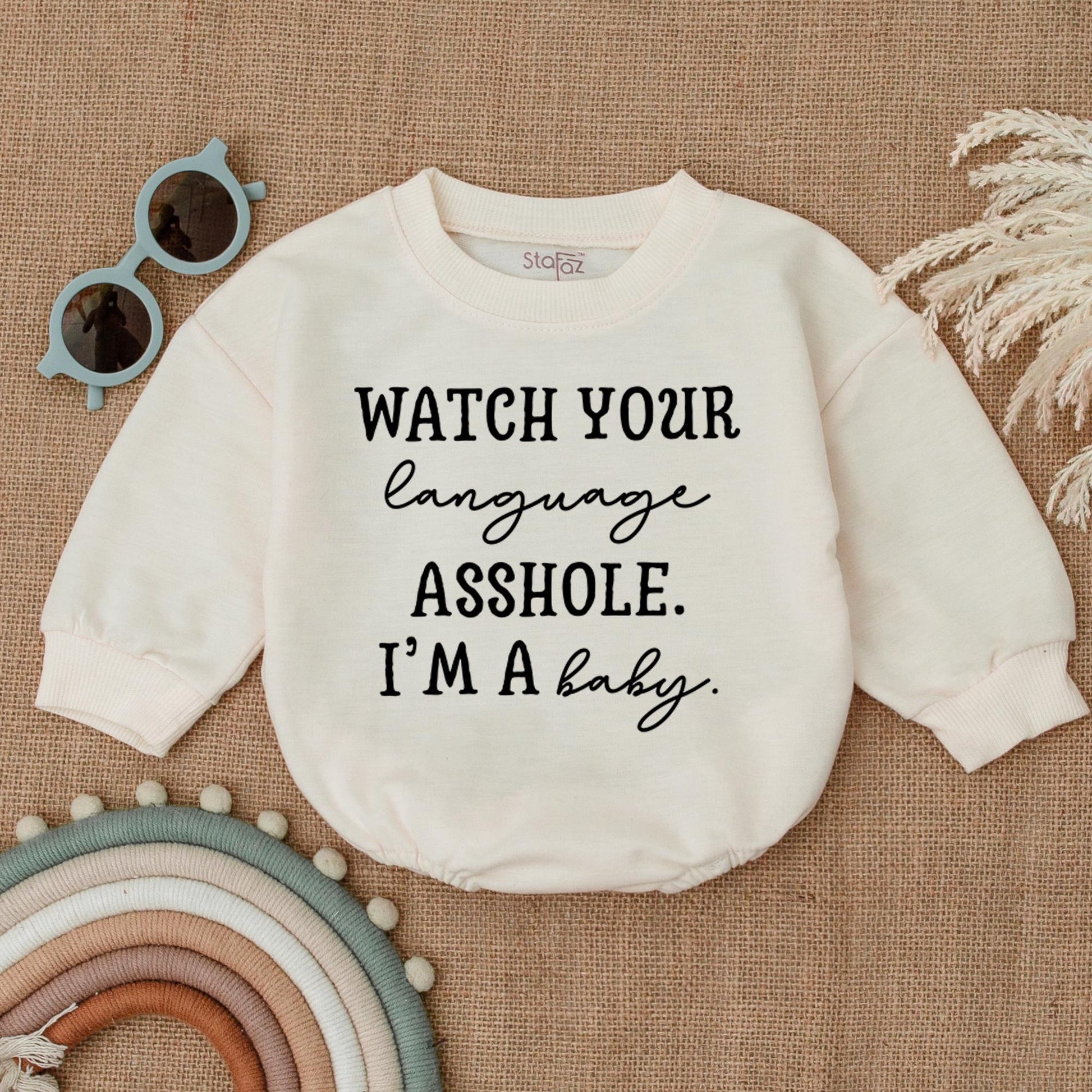 Watch Your Language Asshole I'm a Baby Romper Bodysuit Funny Saying Outfit for Newborns and Toddlers Hilarious Baby Clothes