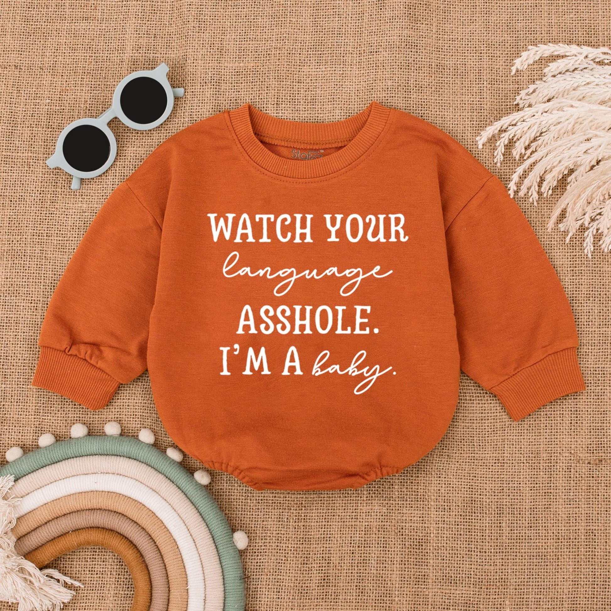Watch Your Language Asshole I'm a Baby Romper Bodysuit Funny Saying Outfit for Newborns and Toddlers Hilarious Baby Clothes
