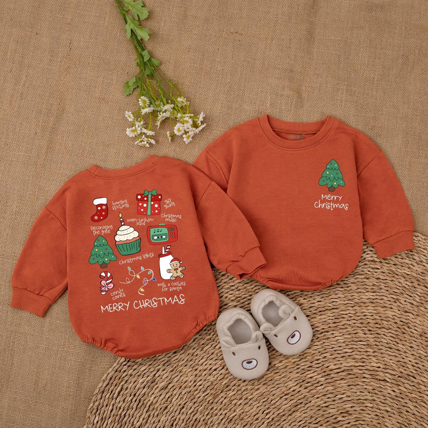 Merry Christmas Baby Romper Infant Holiday Outfit with Cute Xmas Tree and Santa Stockings Milk Cookies Design First Christmas