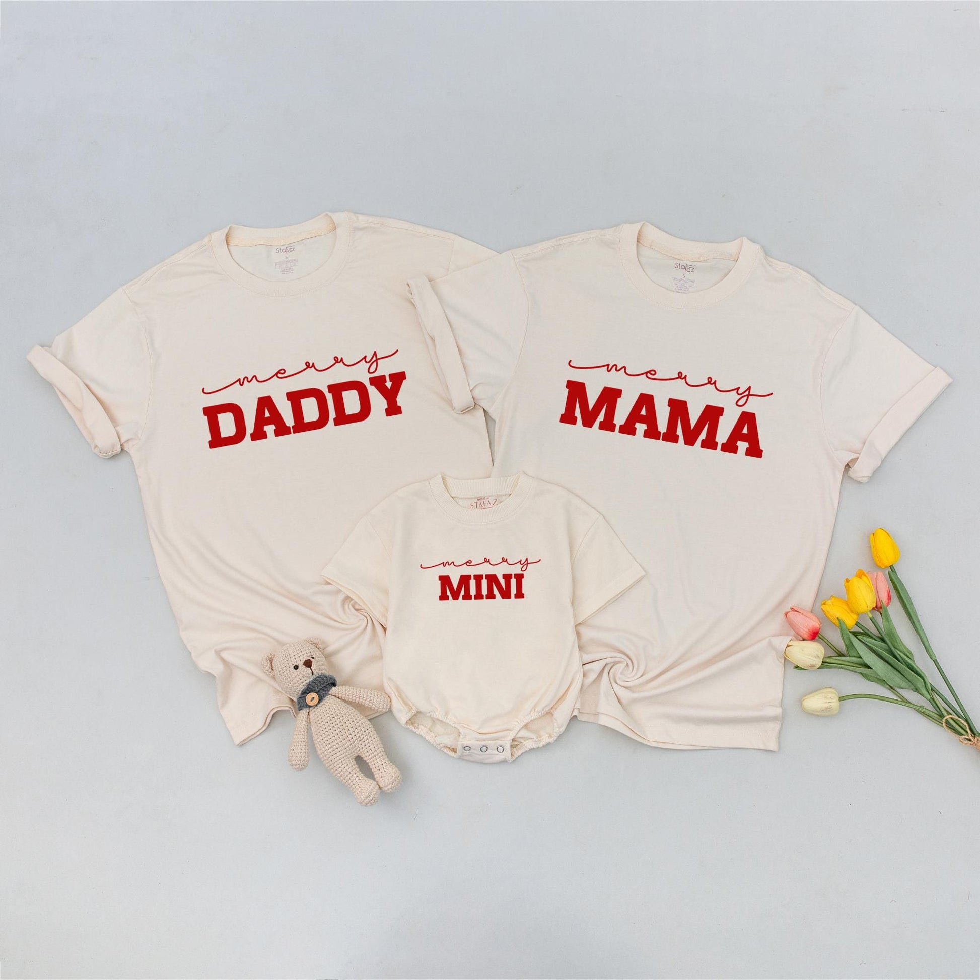 Merry Family Christmas Shirts, Matching Mama Mini & Daddy Outfits, Red Holiday Tops, Mom Baby Clothes Set, Simple Modern Design, Matching Family Outfits (137 chars)