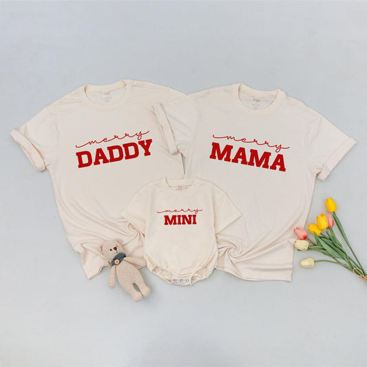 Merry Family Christmas Shirts, Matching Mama Mini & Daddy Outfits, Red Holiday Tops, Mom Baby Clothes Set, Simple Modern Design, Matching Family Outfits (137 chars)
