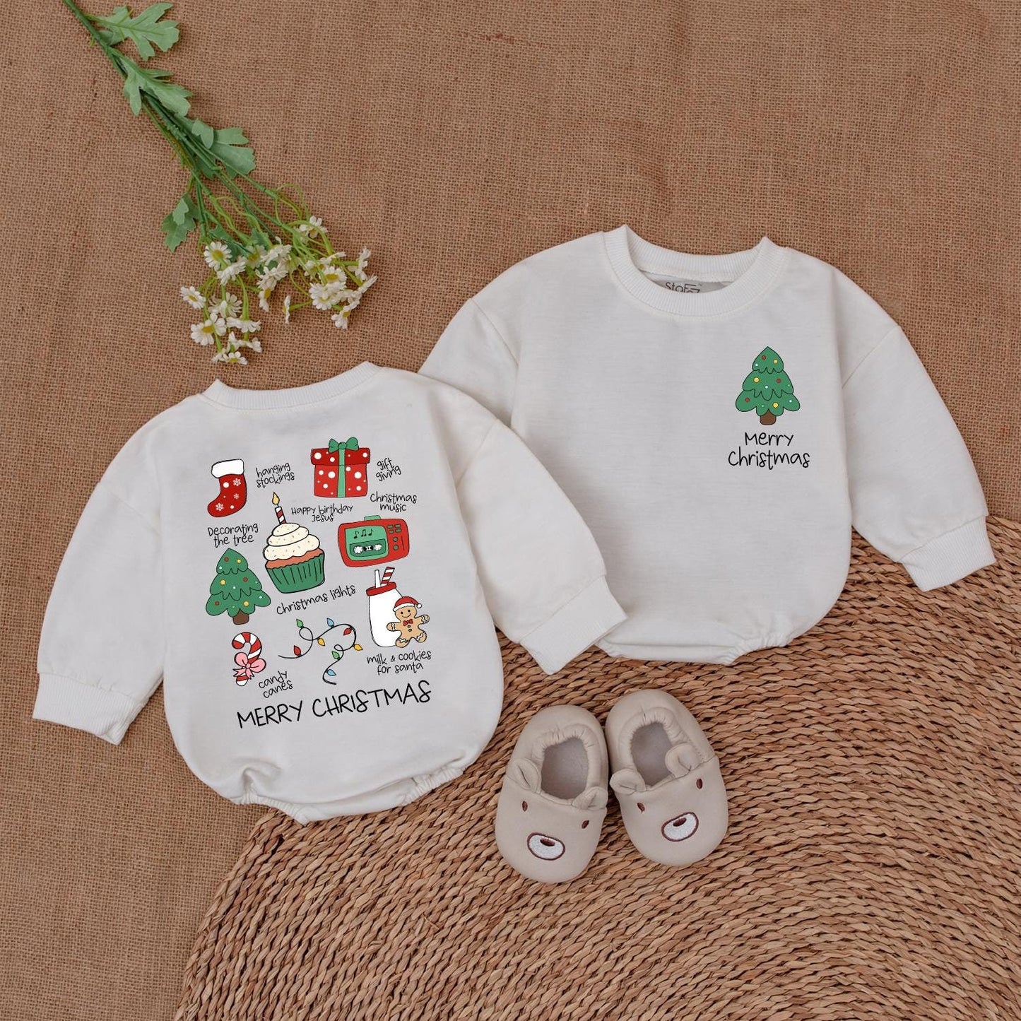 Merry Christmas Baby Romper Infant Holiday Outfit with Cute Xmas Tree and Santa Stockings Milk Cookies Design First Christmas