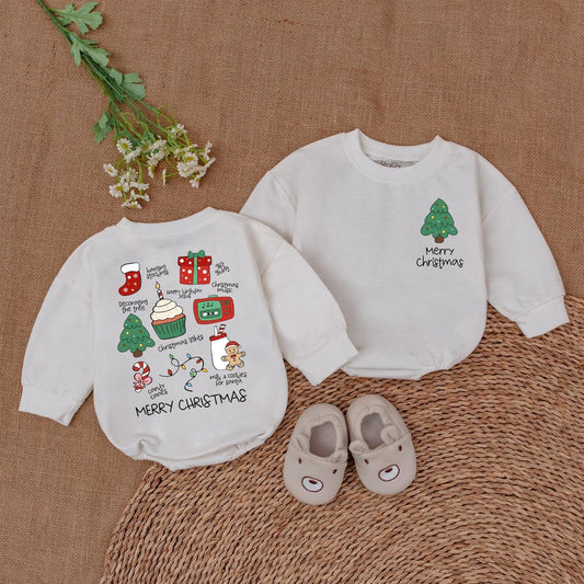 Merry Christmas Baby Romper Infant Holiday Outfit with Cute Xmas Tree and Santa Stockings Milk Cookies Design First Christmas