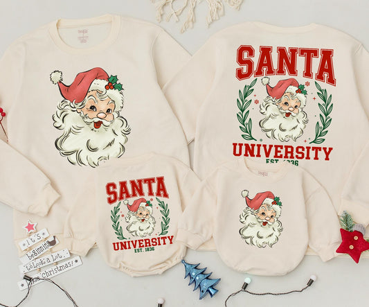 Retro Santa University Christmas Sweatshirt Toddler Outfit, Vintage Graphic Holiday Sweater, Cute Xmas Baby Romper, Newborn Gift Est. 1836 (2 Sided) 