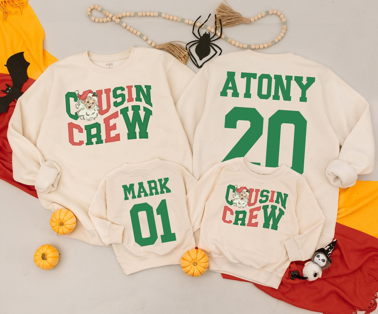 Personalized Cousin Crew Christmas Sweatshirts Retro Santa Design Matching Family Sweaters Cute Holiday Outfits Custom Name & Number Soft Cotton 138