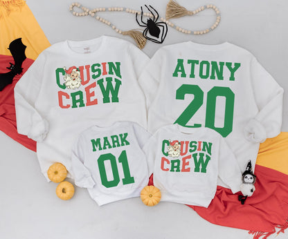 Personalized Cousin Crew Christmas Sweatshirts Retro Santa Design Matching Family Sweaters Cute Holiday Outfits Custom Name & Number Soft Cotton 138