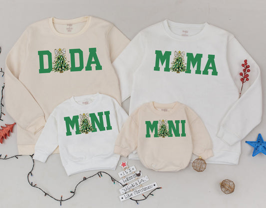 Dada Mama Mini Christmas Sweatshirts Family Matching Outfits Green Tree Dalmatian Bow Holiday Festive Baby Toddler Girl Gift Idea