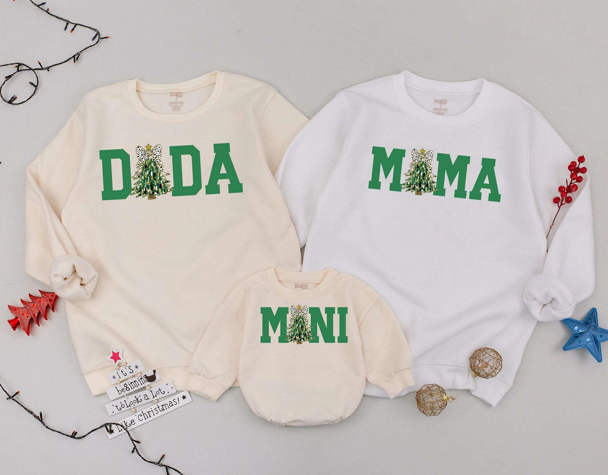 Dada Mama Mini Christmas Sweatshirts Family Matching Outfits Green Tree Dalmatian Bow Holiday Festive Baby Toddler Girl Gift Idea