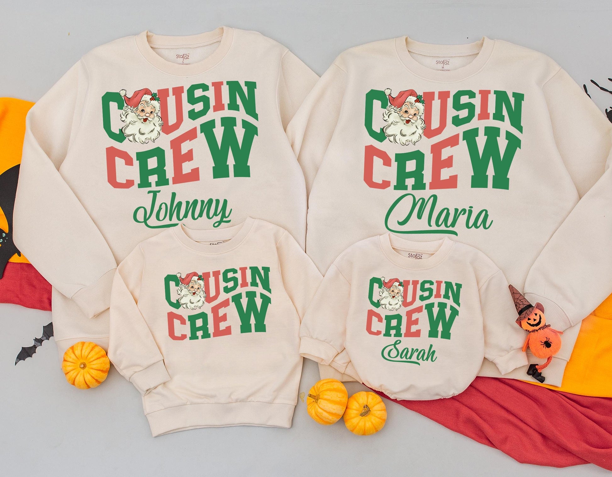Personalized Christmas Cousin Crew Sweatshirts Matching Family Holiday Vintage Santa Toddler Sweaters with Green Name