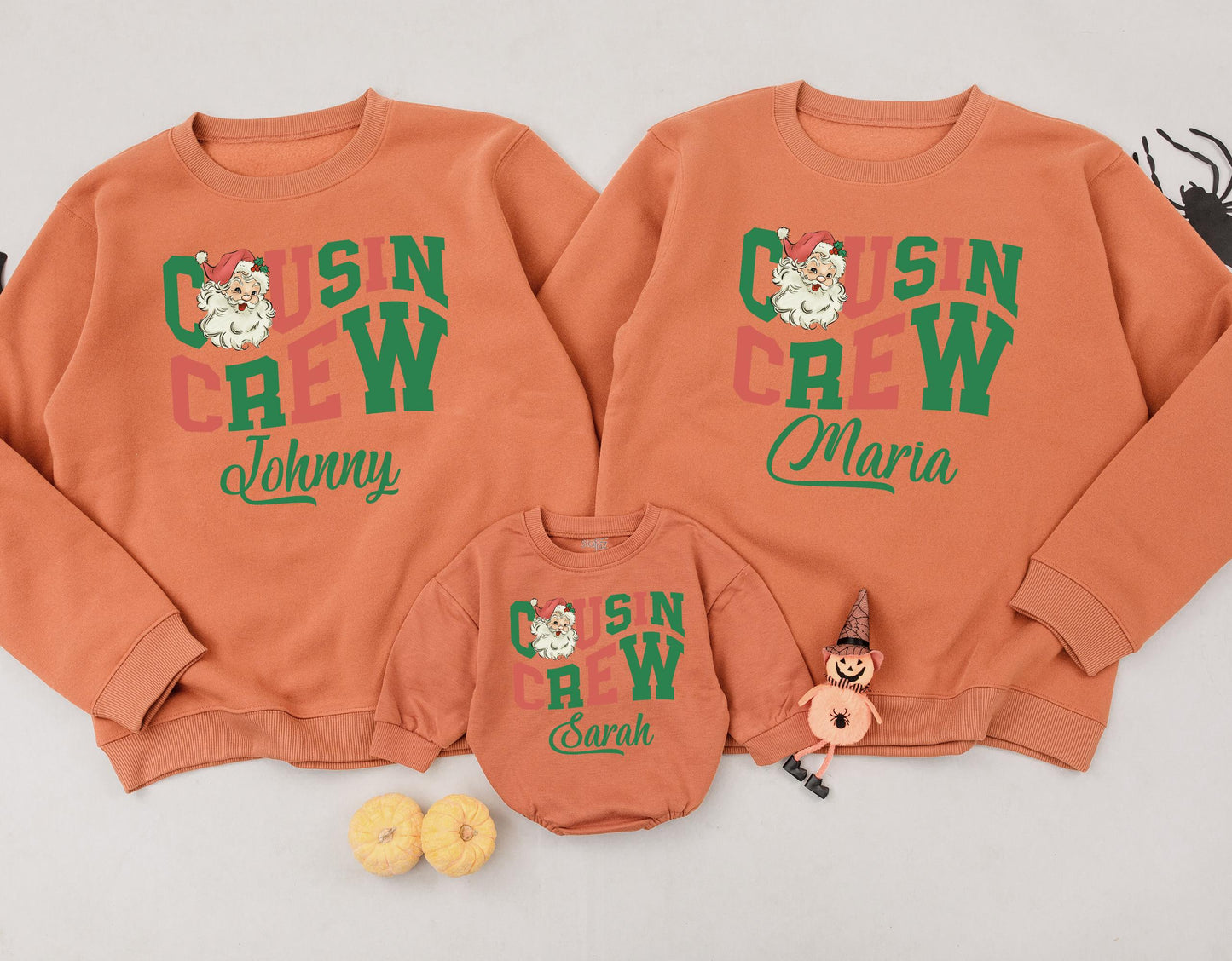 Personalized Christmas Cousin Crew Sweatshirts Matching Family Holiday Vintage Santa Toddler Sweaters with Green Name