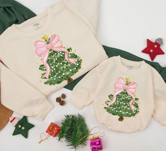 Whimsical Christmas Tree Bow Sweatshirt Mom and Baby Matching Family Outfit Women's Festive Xmas Toddler Gift