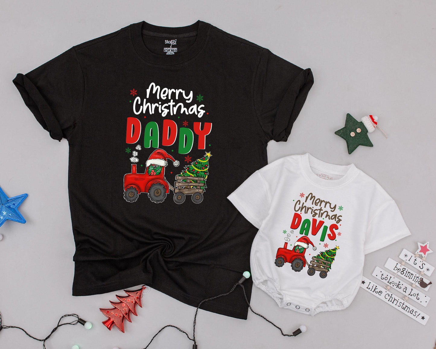 Matching Family Merry Christmas Shirts Personalized with Names Retro Truck Design Holiday Outfit for Baby, Mommy & Daddy