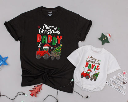 Matching Family Merry Christmas Shirts Personalized with Names Retro Truck Design Holiday Outfit for Baby, Mommy & Daddy