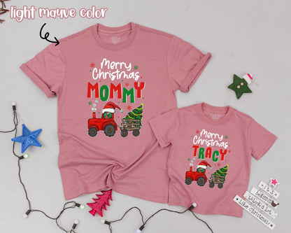 Matching Family Merry Christmas Shirts Personalized with Names Retro Truck Design Holiday Outfit for Baby, Mommy & Daddy