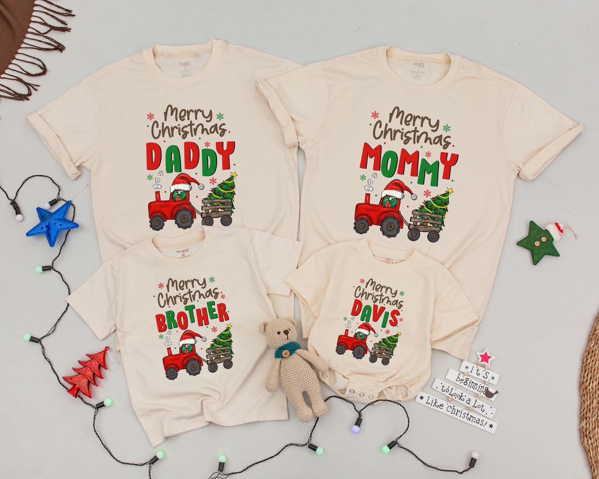Matching Family Merry Christmas Shirts Personalized with Names Retro Truck Design Holiday Outfit for Baby, Mommy & Daddy