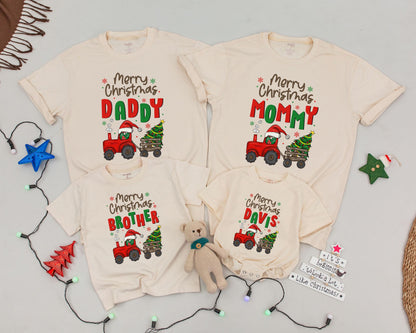 Matching Family Merry Christmas Shirts Personalized with Names Retro Truck Design Holiday Outfit for Baby, Mommy & Daddy