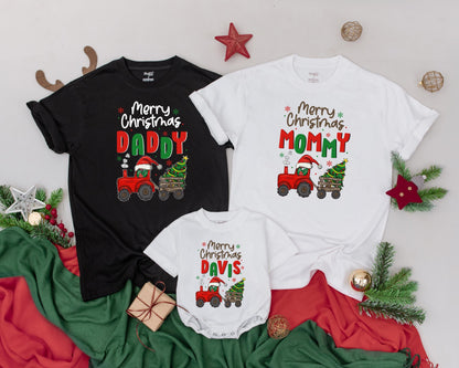 Matching Family Merry Christmas Shirts Personalized with Names Retro Truck Design Holiday Outfit for Baby, Mommy & Daddy