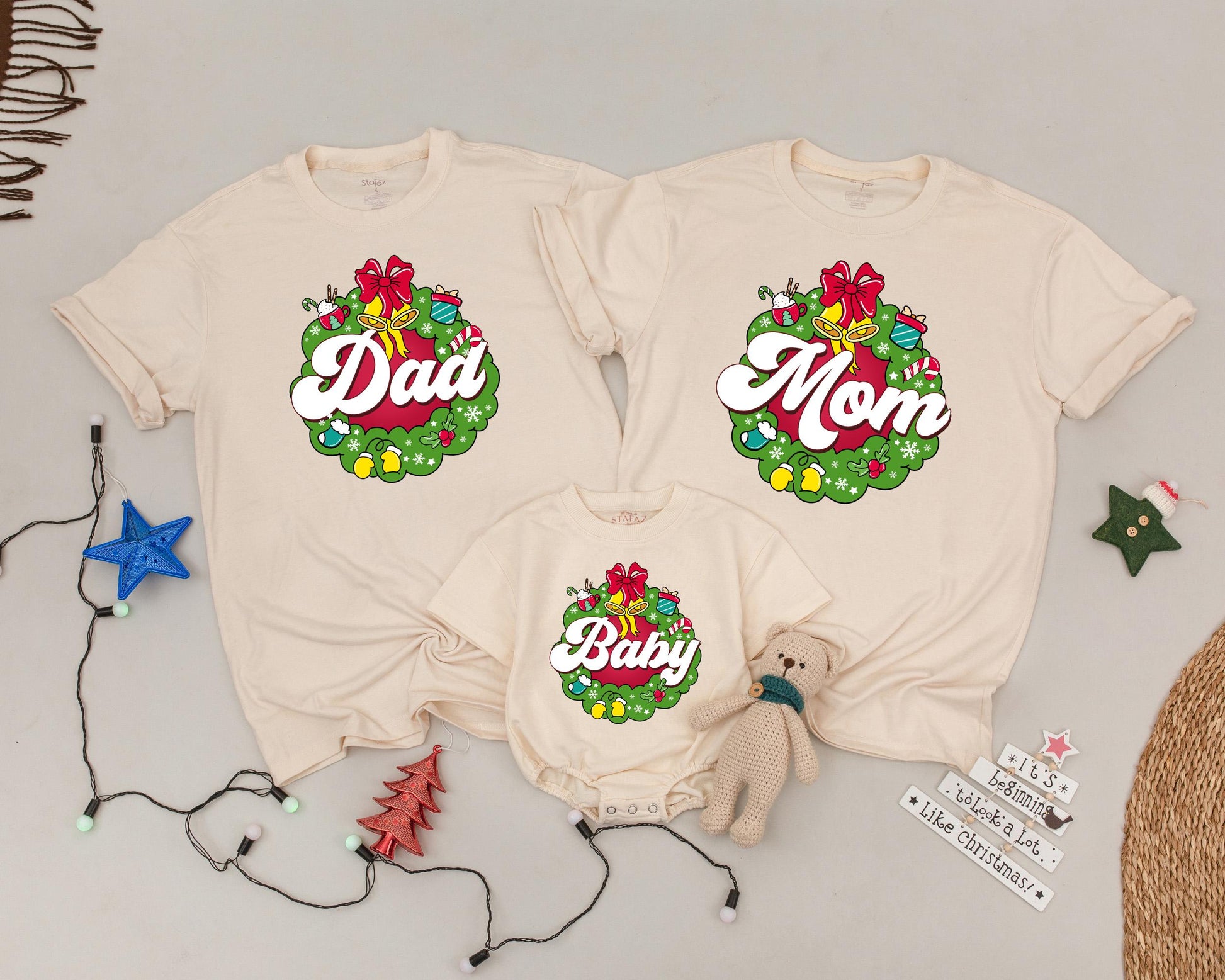 Custom Christmas Wreath Shirts for Family Matching Holiday Fun with Cocoa Bells & Gifts Cozy Festive Outfits
