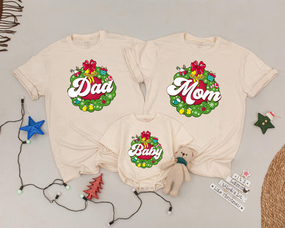Custom Christmas Wreath Shirts for Family Matching Holiday Fun with Cocoa Bells & Gifts Cozy Festive Outfits