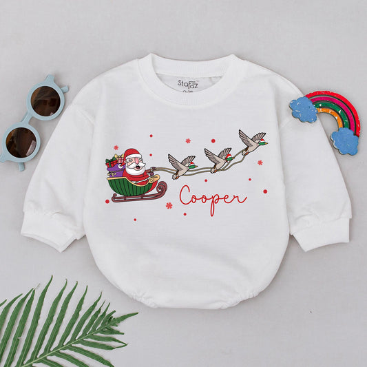 Personalized Cooper Christmas Duck Romper, Santa Sleigh Baby Outfit, First Christmas Gift, Festive Mallard, Holiday Newborn Clothes, Red Green Brown
