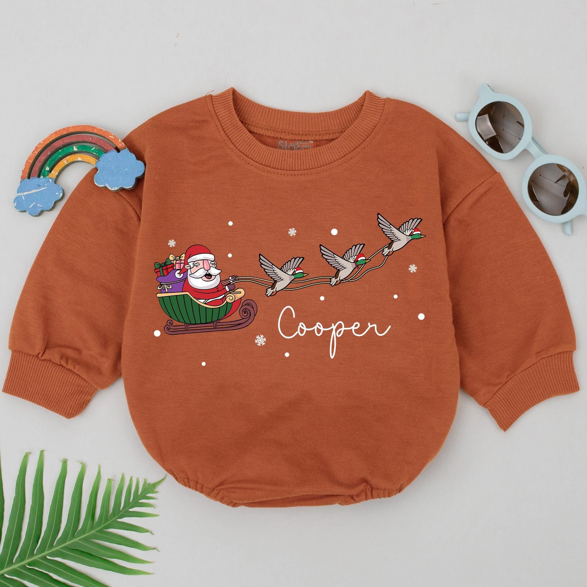 Personalized Cooper Christmas Duck Romper, Santa Sleigh Baby Outfit, First Christmas Gift, Festive Mallard, Holiday Newborn Clothes, Red Green Brown