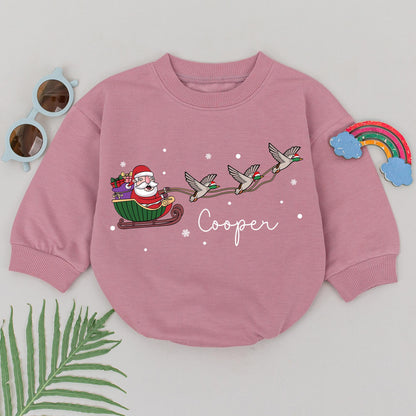 Personalized Cooper Christmas Duck Romper, Santa Sleigh Baby Outfit, First Christmas Gift, Festive Mallard, Holiday Newborn Clothes, Red Green Brown