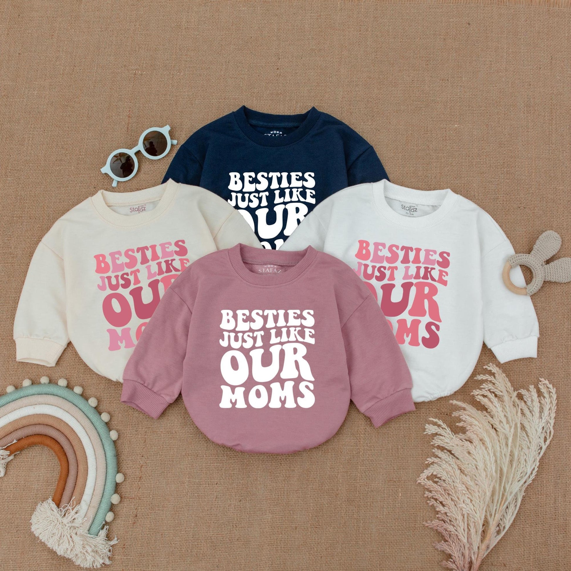 Besties Just Like Our Moms Bubble Romper Baby Girl Announcement Outfit White Pink Font Baby Shower Gift Newborn Clothes