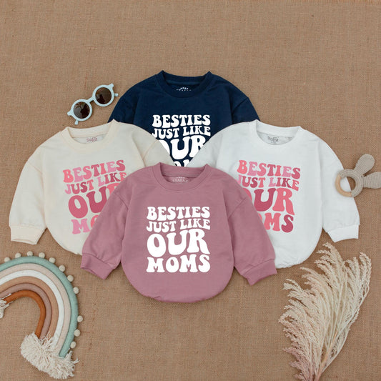 Besties Just Like Our Moms Bubble Romper Baby Girl Announcement Outfit White Pink Font Baby Shower Gift Newborn Clothes
