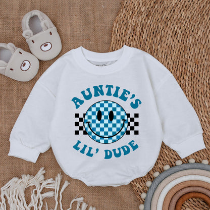 Auntie's Lil Dude Retro Smiley Bubble Romper Newborn Baby Gift for Auntie or Baby Shower Cute Blue Checkered Style Clothes
