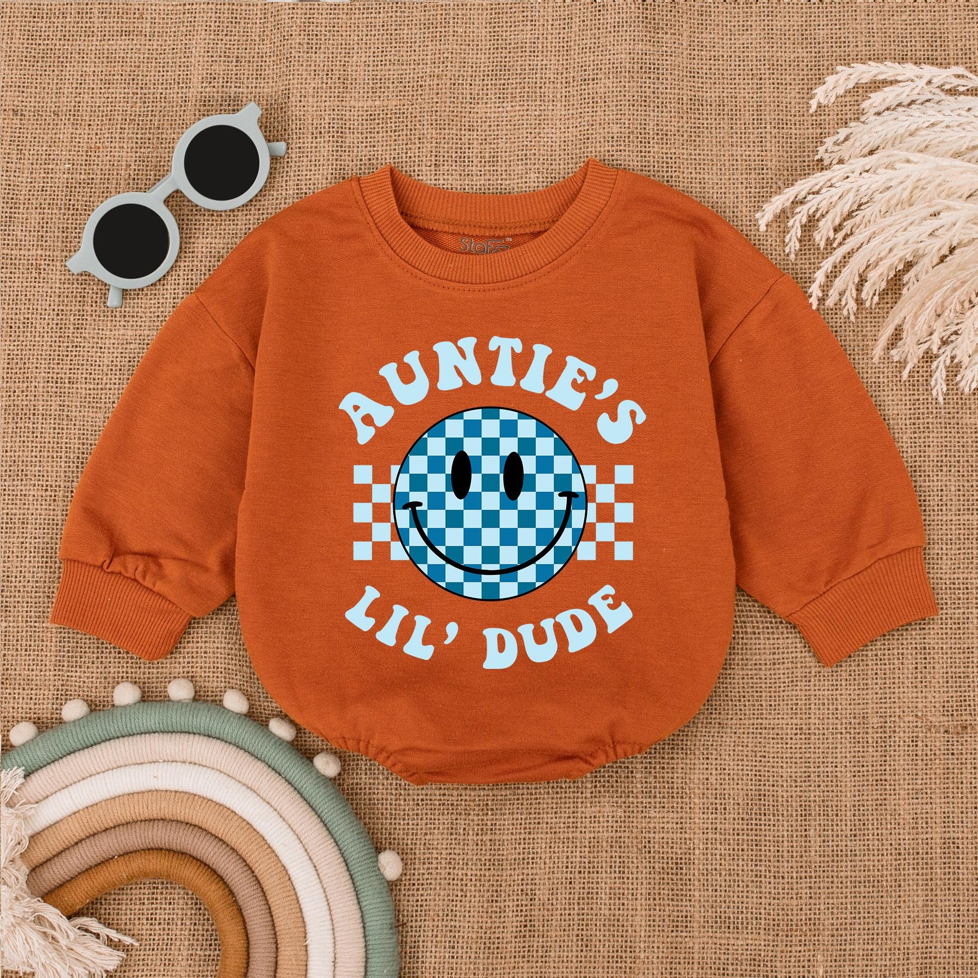 Auntie's Lil Dude Retro Smiley Bubble Romper Newborn Baby Gift for Auntie or Baby Shower Cute Blue Checkered Style Clothes