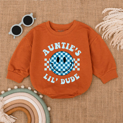 Auntie's Lil Dude Retro Smiley Bubble Romper Newborn Baby Gift for Auntie or Baby Shower Cute Blue Checkered Style Clothes