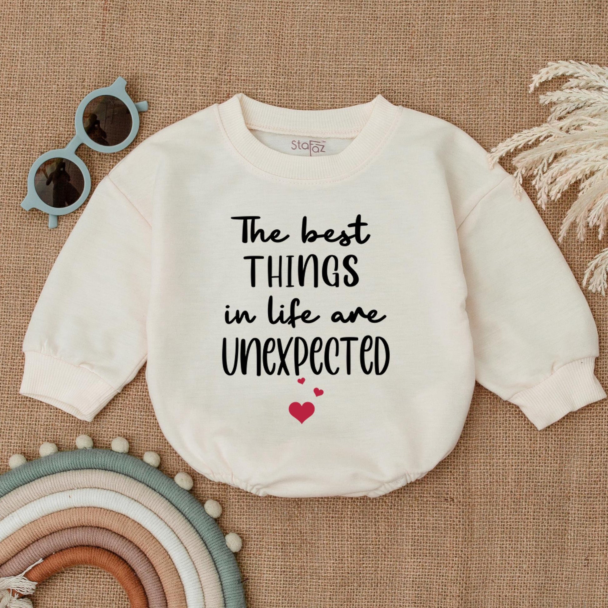 Unexpected Joy Baby Bodysuit Bubble Romper, The Best Things in Life are Unexpected Outfit, Newborn Baby Clothes, Whimsical Shower Gift 130-140 chars