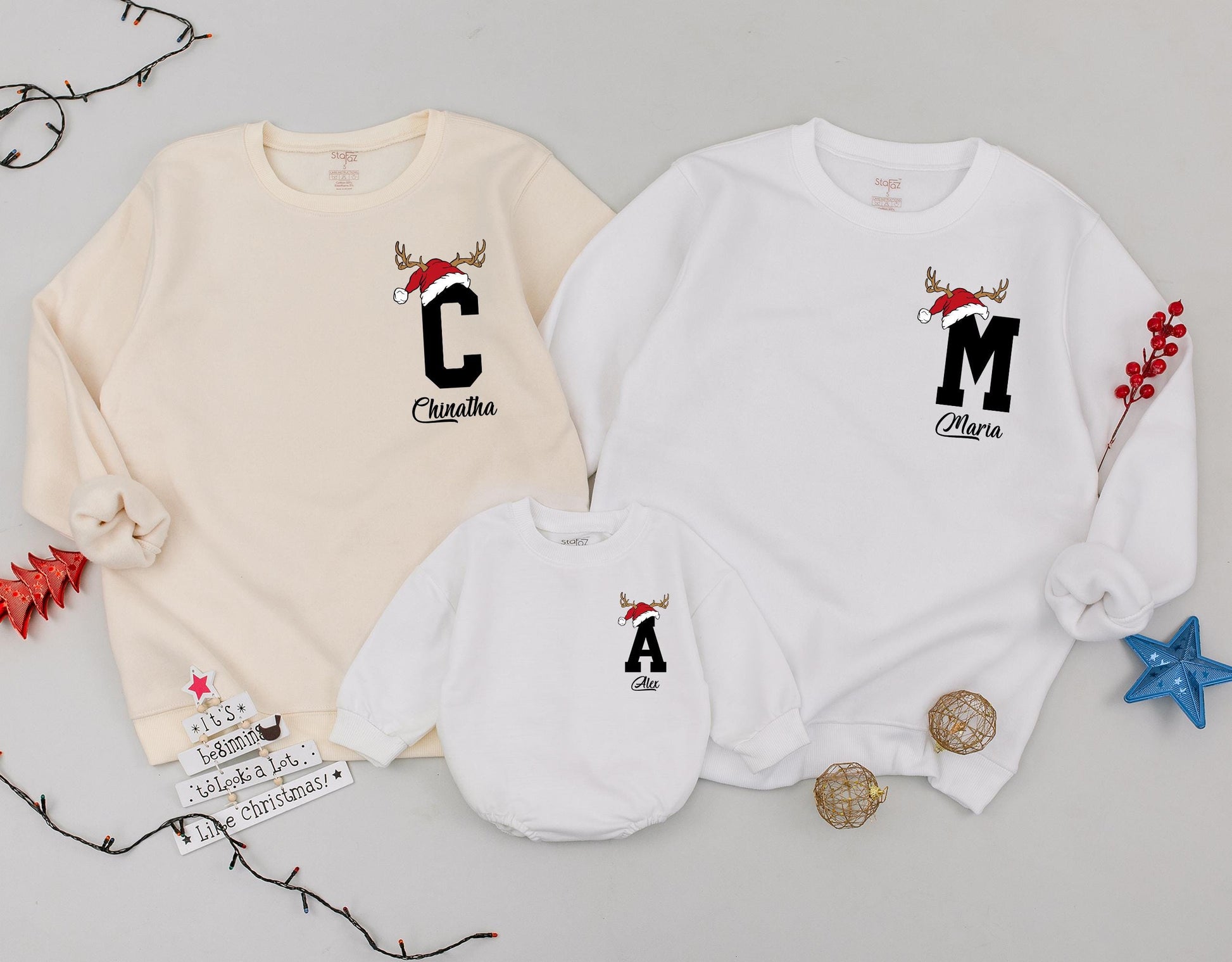 Custom Santa Hat Reindeer Letter & Name Family Matching Christmas Sweatshirt Holiday Gift