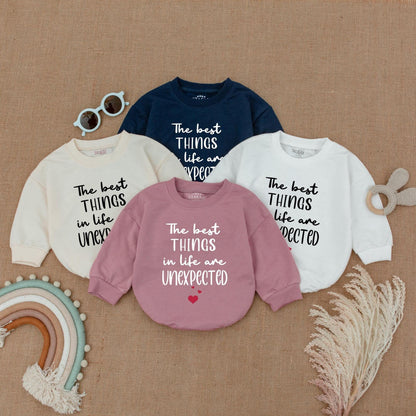 Unexpected Joy Baby Bodysuit Bubble Romper, The Best Things in Life are Unexpected Outfit, Newborn Baby Clothes, Whimsical Shower Gift 130-140 chars