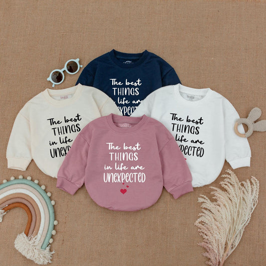 Unexpected Joy Baby Bodysuit Bubble Romper, The Best Things in Life are Unexpected Outfit, Newborn Baby Clothes, Whimsical Shower Gift 130-140 chars