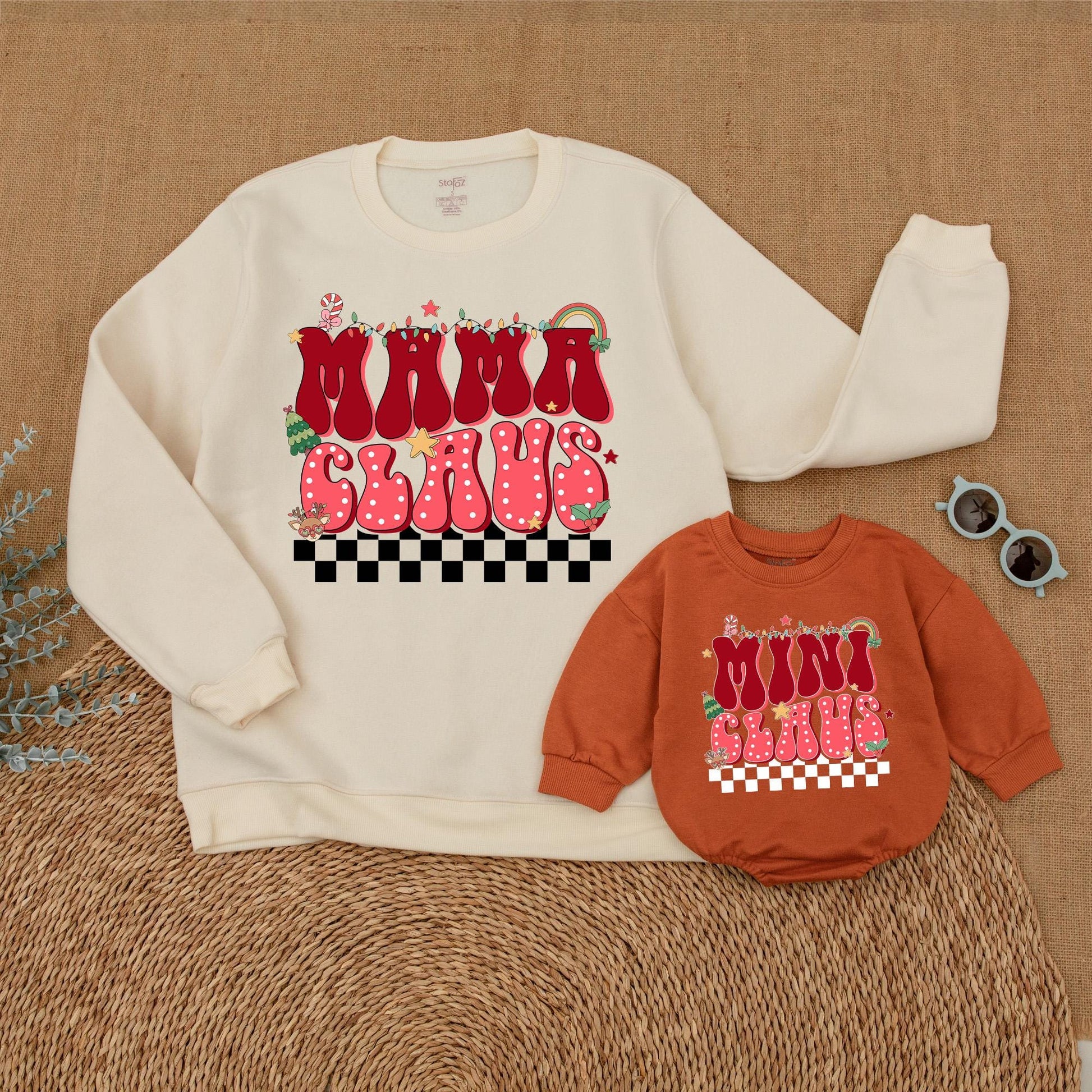 Retro Mama and Mini Claus Matching Sweatshirts, Black & White Checkered Bottom, Bubbly Font Christmas Family Sweaters Outfit, Soft Cotton, Vintage Style