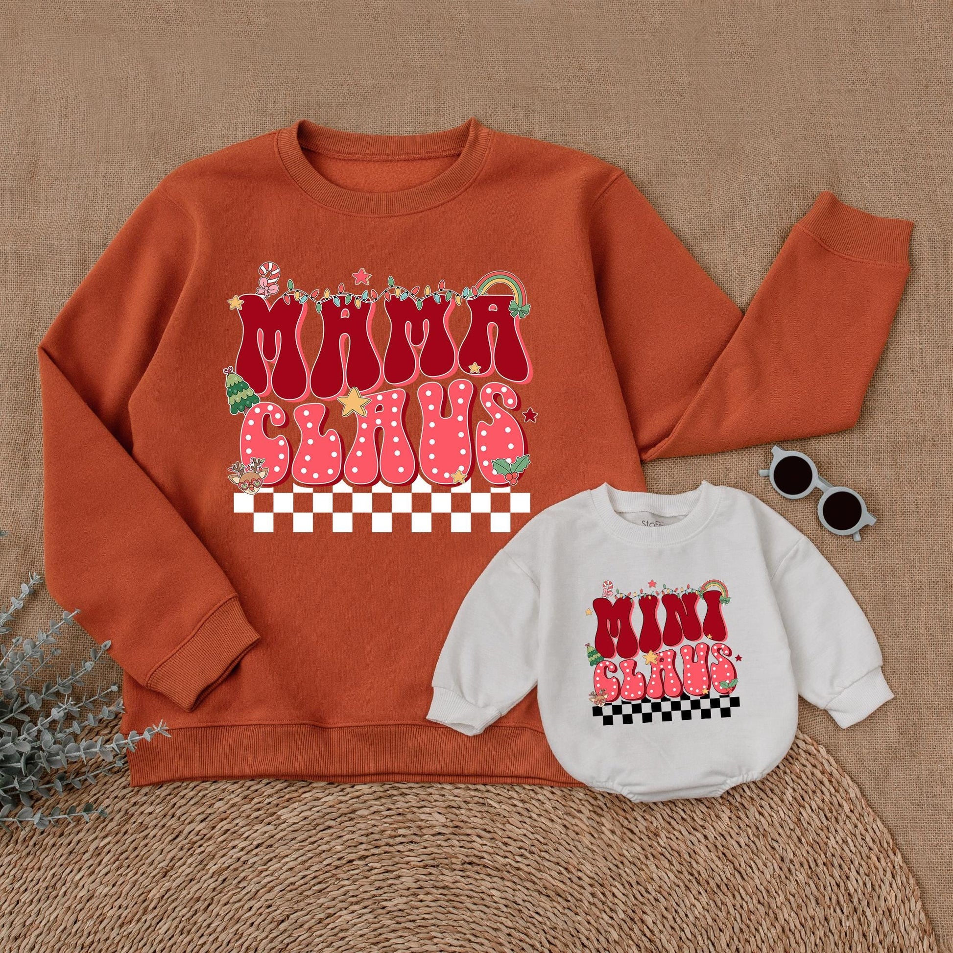 Retro Mama and Mini Claus Matching Sweatshirts, Black & White Checkered Bottom, Bubbly Font Christmas Family Sweaters Outfit, Soft Cotton, Vintage Style