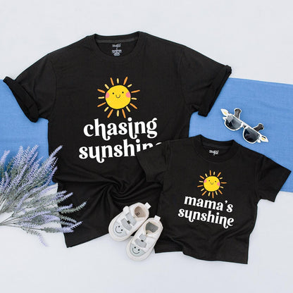 Mama & Me Chasing Sunshine Matching Shirts Set, Cheerful Sun Graphic Tees, New Mom Gift, Boho Matching Outfit, Playful Mommy and Baby T-Shirts, Comfy Cotton (140)