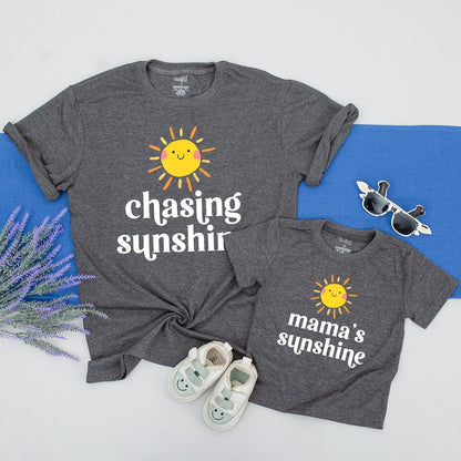 Mama & Me Chasing Sunshine Matching Shirts Set, Cheerful Sun Graphic Tees, New Mom Gift, Boho Matching Outfit, Playful Mommy and Baby T-Shirts, Comfy Cotton (140)