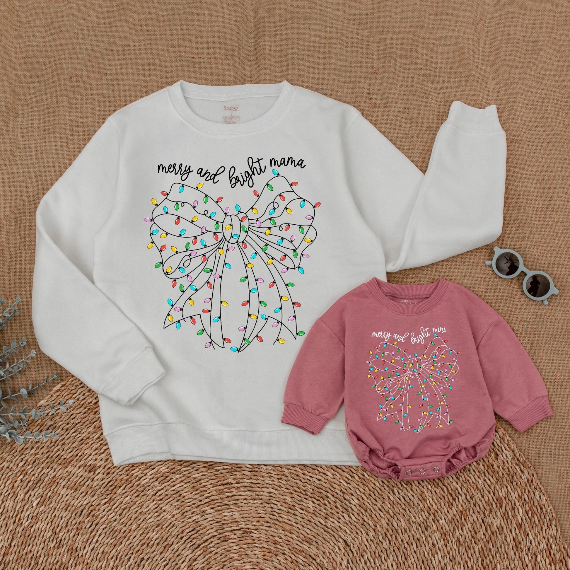 Christmas Merry & Bright Matching Family Sweatshirts Mama and Mini Holiday Outfits Red, Yellow, Blue, & Green Bow Design Mom & Daughter