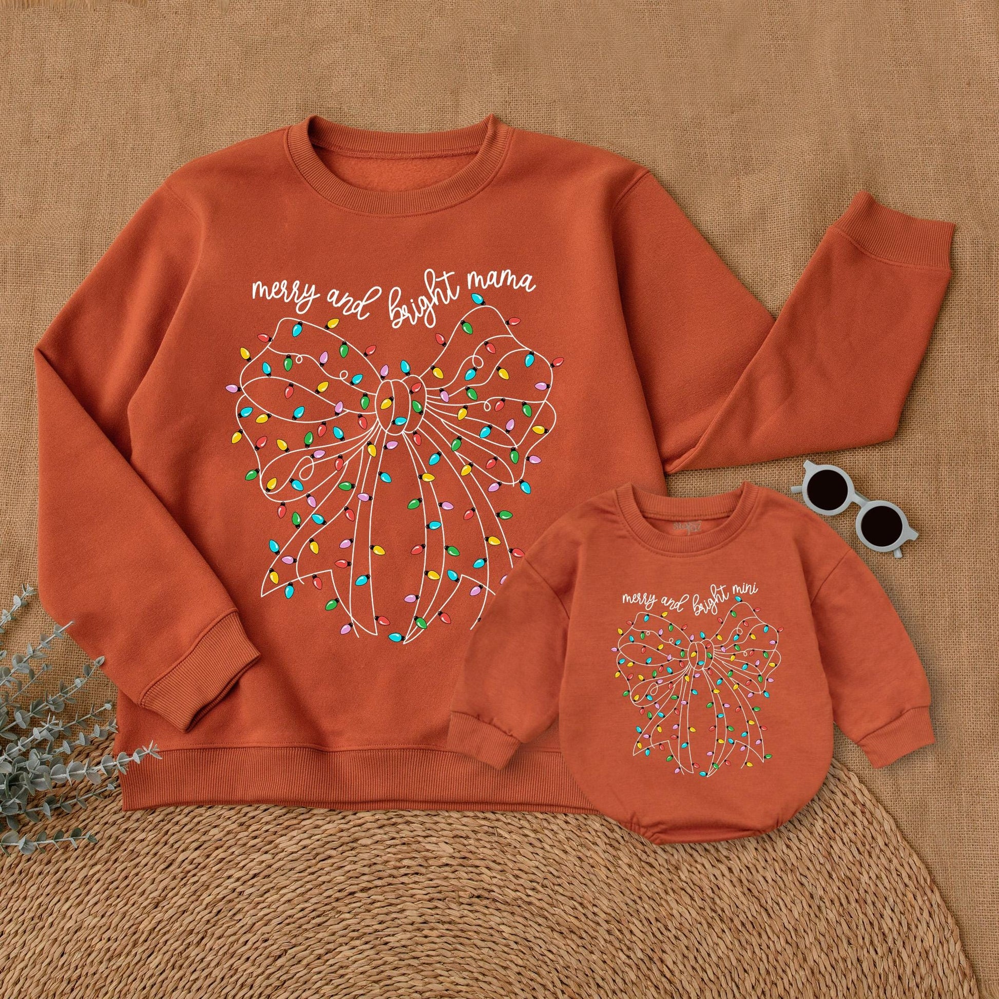 Christmas Merry & Bright Matching Family Sweatshirts Mama and Mini Holiday Outfits Red, Yellow, Blue, & Green Bow Design Mom & Daughter