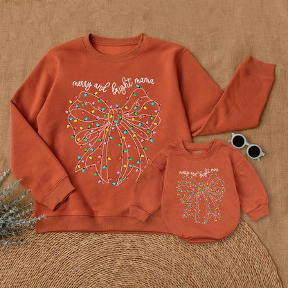 Christmas Merry & Bright Matching Family Sweatshirts Mama and Mini Holiday Outfits Red, Yellow, Blue, & Green Bow Design Mom & Daughter
