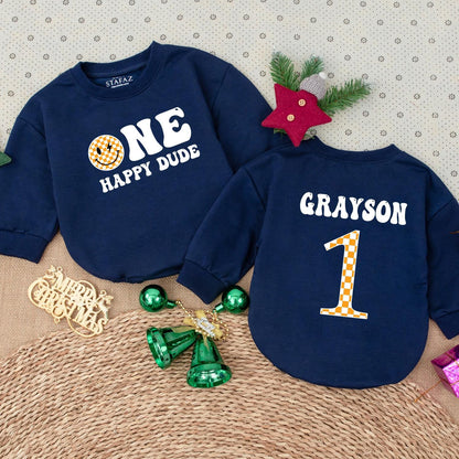 One Happy Dude Smiley Face Birthday Bodysuit Personalized Grayson Name First Birthday Outfit Baby Boy Clothes