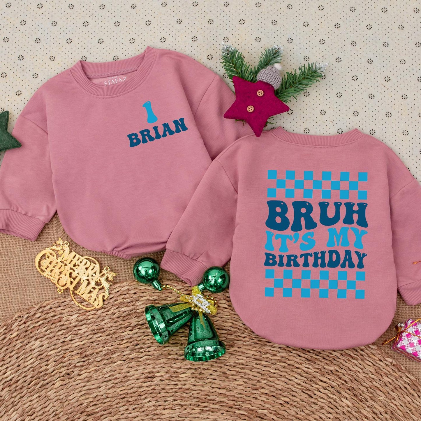 Birthday Boy Personalized Romper Retro 'Bruh' Checkered First Birthday Outfit Long Sleeve Cotton Celebration Romper Baby Boy Gift One Year Old Clothes