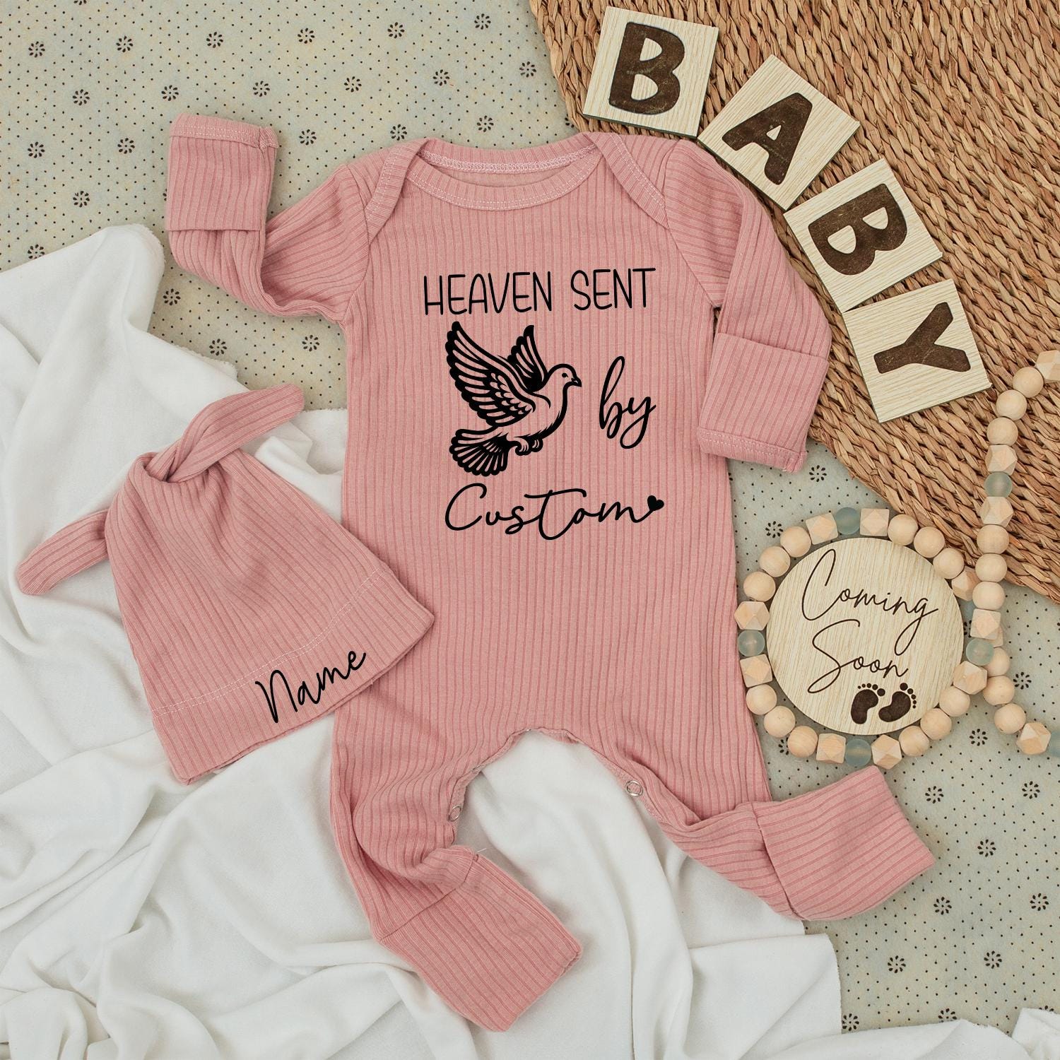 Heaven Sent Custom Baby Bodysuit and Hat Set with Name Dove Design Black Ink Handpicked by Grandpa Grandma Baby Shower Gift Newborn Apparel