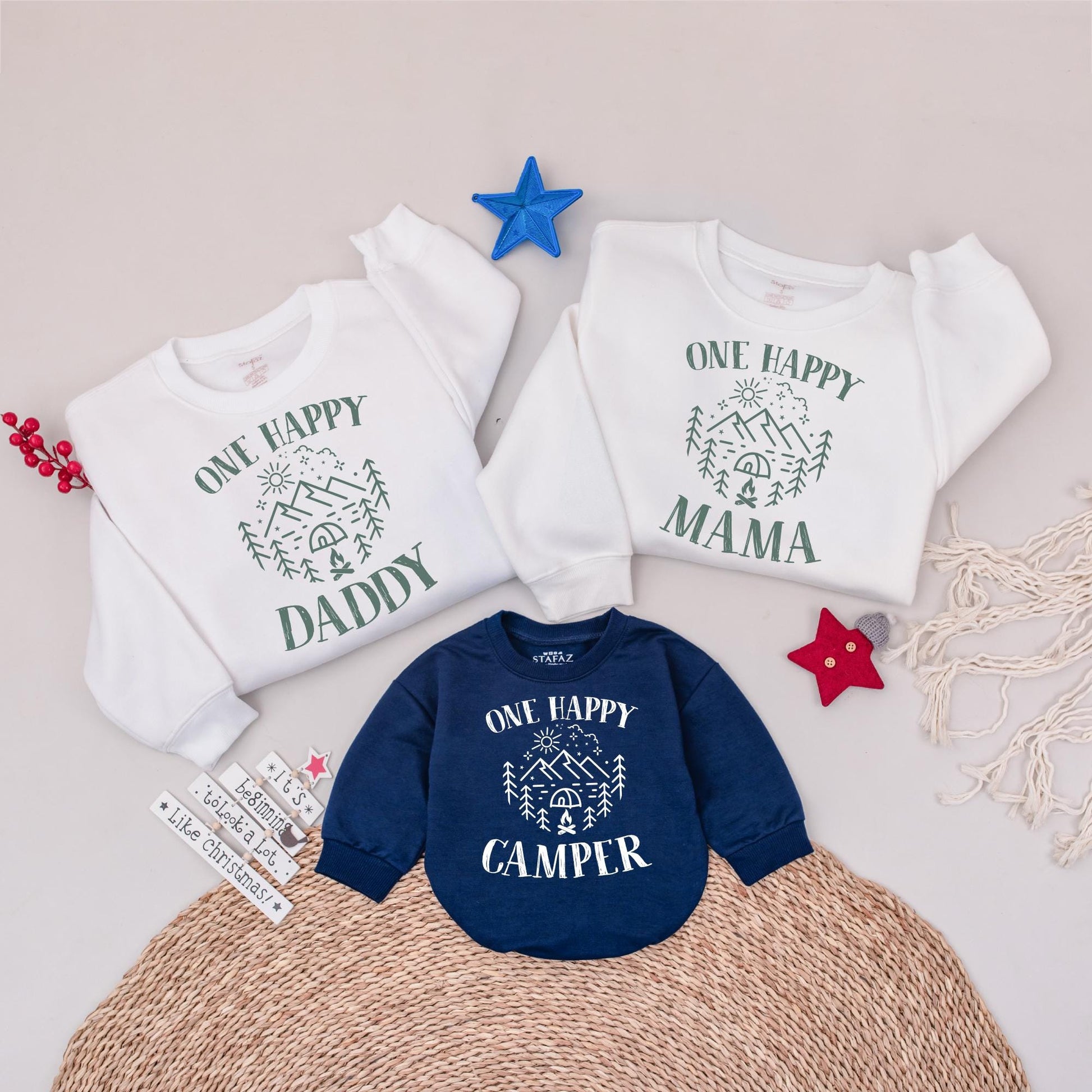 One Happy Camper First Birthday Matching Family Outfit Tee, Rustic Nature Sun Mountain Tree Star Tent Campfire Graphic Shirt