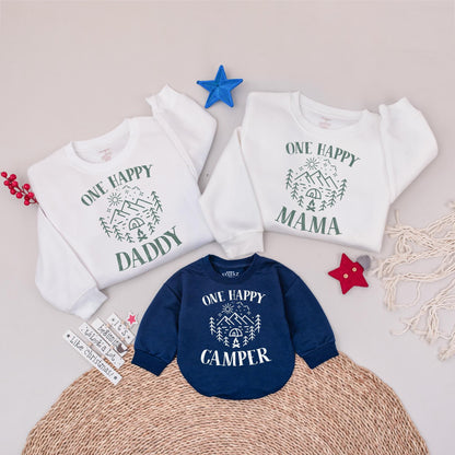 One Happy Camper First Birthday Matching Family Outfit Tee, Rustic Nature Sun Mountain Tree Star Tent Campfire Graphic Shirt