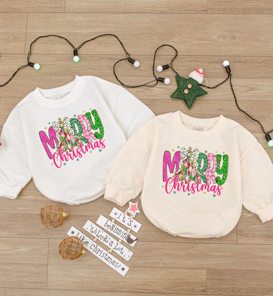 Merry Christmas Baby Bodysuit, Colorful Lettering, Cute Holiday Romper Outfit for Girls, Fun First Christmas Gift, Soft Cotton Sweater, Infant Clothes 139