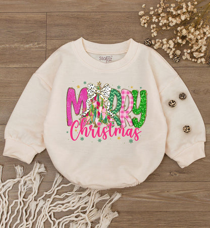 Merry Christmas Baby Bodysuit, Colorful Lettering, Cute Holiday Romper Outfit for Girls, Fun First Christmas Gift, Soft Cotton Sweater, Infant Clothes 139